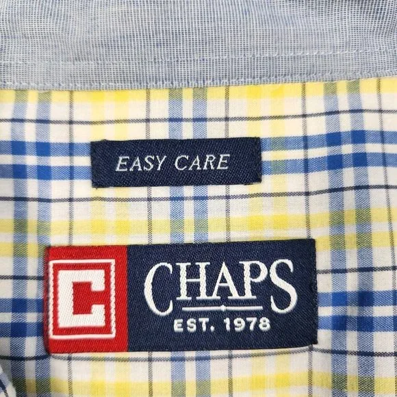 Chaps Men's Button Down Collared Shirt Size Large Short-Sleeve Plaid Blue Yellow - Picture 4 of 9